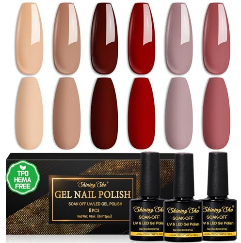 Shining She UV Nagellack - HEMA Free TPO Free, 6 Farben Gel Nagellack Rot Burgunder Hellbraun Aprikose Grau-Violett Soak-Off UV Gel Nail Polish für Frauen Maniküre Geschenk, 8ML