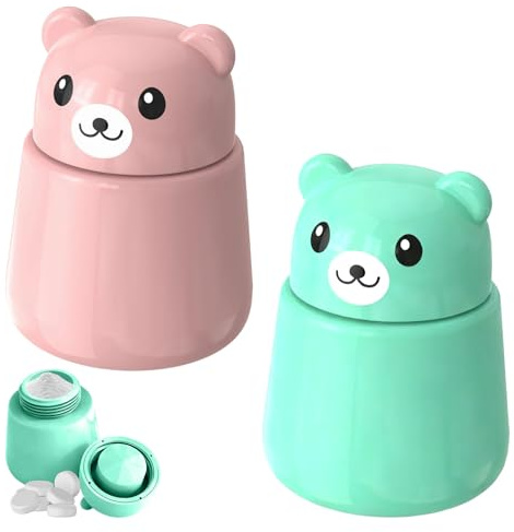 Pill Crusher for Tablets, 2 Pcs Set Adorable Bear-Shaped Tablet Crusher for Pills， Cute Bear Pill Crushers Suitable Cutting and Grinding Tablet, The Elderly, and Pets (Green, Pink)
