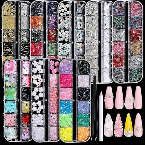 Tastetreasure 8 Boxen Nagel-Deko Set Großpackung, Über 10000+ Strasssteine/Glitzer/3D-Blumen/Perlen/Nail Charms, Professionelles Nail Art Zubehör für DIY-Maniküre