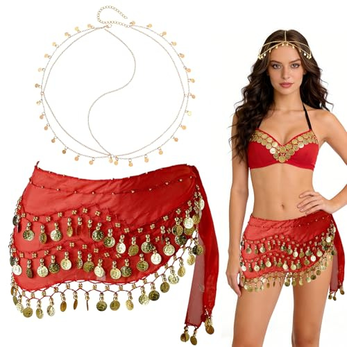 Bauchtanz Hüfttuch Damen Bauchtanz Gürtel, Chiffon Hüfttuch Bauchtanz Gürtel Röcke, Tanztuch mit Münzen, Pailletten Kopfkette Gold