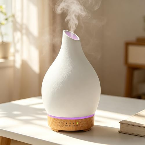 Diffuseur D'huiles Essentielles Diffuseur Electrique Ultrasonique Aromathérapie en Céramique avec Minuterie D'arrêt Automatique De 7 Couleurs pour Appartement Bureau Maison Yoga Cadeaux 150ML