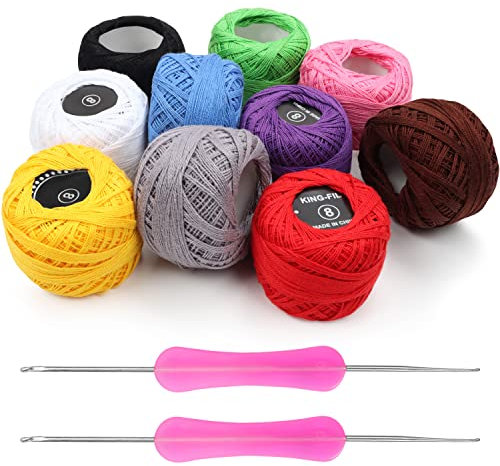 Kurtzy 10 Filati x Uncinetto Gomitoli Cotone per Uncinetto Set - 2 Uncinetti Ergonomici Inclusi (1 mm, 2 mm) - Peso Gomitolo Cotone per Uncinetto 20 g - Lunghezza Filo per Uncinetto Colorato 1500m