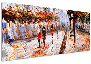 Panorama Fotoleinwand 120x40cm Ölgemälde – Straßenszene in Paris auf Leinwand exklusives Wandbild moderne Fotografie für ihre Wand in vielen Größen