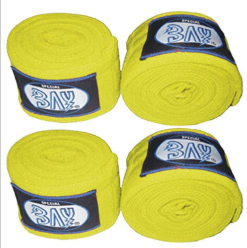 BAY 1 + 1 Gratis Angebot gelb 2,5 m, Boxbandagen + WICKELANLEITUNG, elastisch, Box-Bandagen, Handbandagen, Faustbandagen, 2 Paar, Wraps Wrap Binden Boxen Boxer Handwraps
