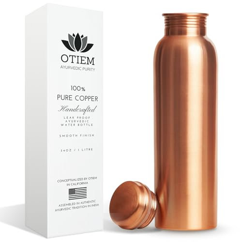 Otiem 100 reine Kupfer-Wasserflasche, 964 ml, mit Deckel, ayurvedische Kupfer-Wasserflasche - Kupfer-Wassergefäß - Trinken Sie mehr Wasserflasche - Groß - Auslaufsicher - Glatte Oberfläche