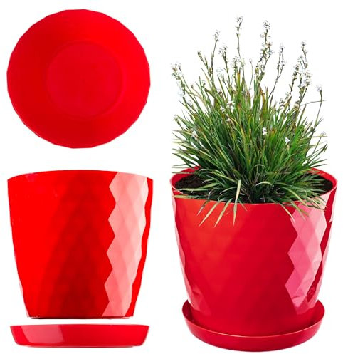 KADAX Pot de Fleurs en Plastique avec Soucoupe Intégrée, Pot de Plante pour Une Décoration Florale Moderne dans l'espace Interieur (12 cm, Rouge)