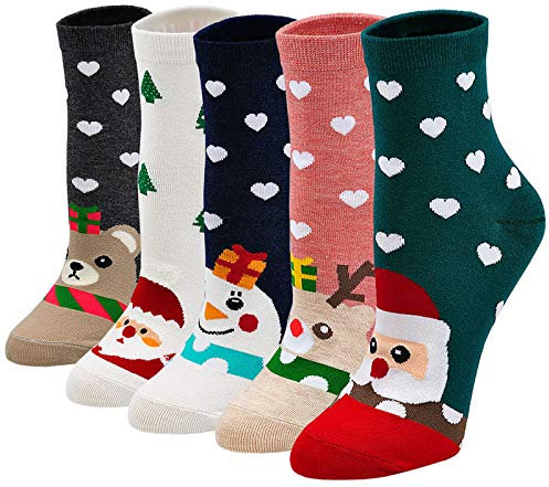 LOFIR Bunte Lustige Socken Damen Weihnachtssocken Tiermuster Strümpfe aus Baumwolle Mädchen Socken Weihnachten Geschenk für Frauen, Größe 35-41, 5 Paare