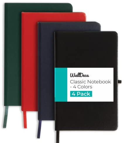 WallDeca Notizbuch A5 Liniert (4’er Pack) – Hardcover Notizbuch A5 mit 240 Seiten 80 g/m² – Notizbuch Liniert - Ideal als Bullet Journal, Haushaltbuch oder Tagebuch – Für Studium, Büro und Zuhause
