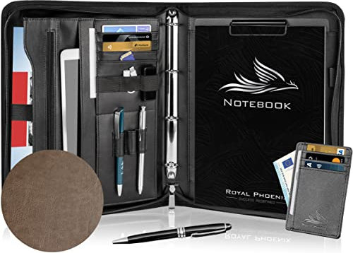 Royal Phoenix® Business Schreibmappe A4 'Hawk' - Hochwertige Ringbuchmappe mit Reißverschluss - inkl. Kreditkartenetui + weiteren EXTRAS - Arbeitsmappe aus hochwertigem Kunstleder in Mokka
