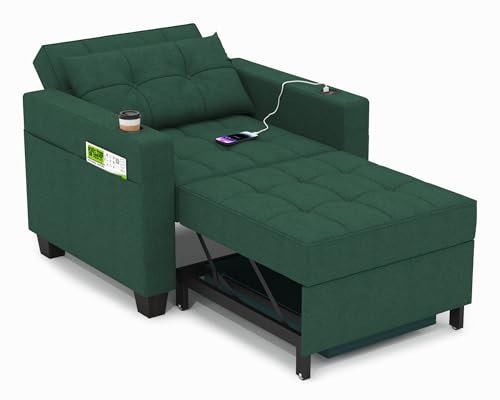 DURASPACE 99cm Schlaferstuhl, 3-in-1 umwandelbarer Stuhl Bett, ausziehbarer Schlafsessel, Schlafsofa mit USB-Anschlüssen, Seitentasche, Getränkehalter für kleinen Raum (Grün)