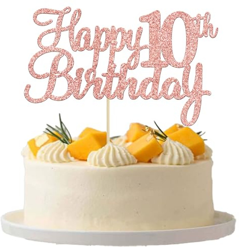 Gyufise 3Pcs Happy 10th Birthday Cake Topper Glitter 10th Birthday Cake Pick Cheers to 10 Years Old Ten Fabulous Cake Decorations for 10th Birthday Theme Party Supplies Rose Gold