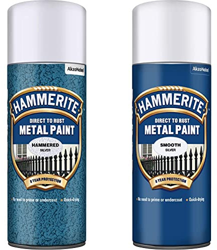 Hammerite 5084783 Metal Paint: Hammered Silver 400ml (Aerosol) & 5084785 Metal Paint: Smooth Silver 400ml (Aerosol)