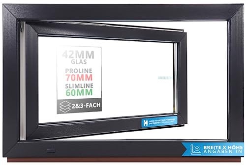 Kellerfenster Kunststofffenster anthrazit, BxH: 90 x 55 cm / 900 x 550 mm Verglasung (42 mm) Dreh-Kipp inkl. Pilzkopfverriegelung, DIN Rechts (Griff Links), 70 mm Profil