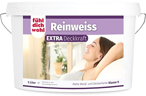 FühlDichWohl Reinweiss Extra sehr hohe Deckkraft - 5l Wandfarbe weiß matt - Innenfarbe für gehobene Ansprüche, starke Deckkraft für Innenwände und Decken, tropfarm, premium Wandfarbe strahlend weiß