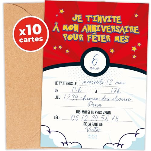 aliceandberry Einladungen Geburtstag Kinder Manga | 10 personalisierbare Karten + 10 Umschläge | Mädchen Jungen 5-12 Jahre | Organisation Party | Design Japanisches Manga Rot
