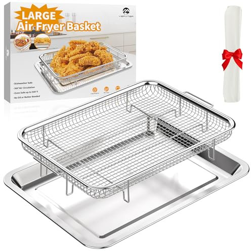 Air Fryer Basket for Oven,YEPATER 15.7 x 11.6 Large Oven Air Fryer Basket with 30 PCS Parchment Paper, Stainless Steel Non-stick Air Fryer Pan and Crisper Tray for Baking Grilling Cooking and Frying