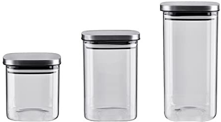 KHG Vorratsgläser 3er Set mit Deckel Silber Metall, Höhe 15cm, 20 cm & 25 cm, Aufbewahrungsgläser quadratisch modern, Vorratsdosen luftdicht & BPA-frei, ideal für Lebensmittel
