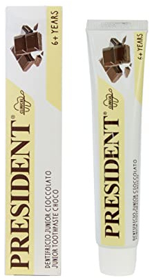 President Kinderzahnbürste Junior 6+ für Kinder ab sechs Jahren. Schokoladengeschmack, schützt Zahnfleisch und Zahnschmelz. Frei von Parabenen, SLS, Allergenen und PEGs, RDA 30-50 ml