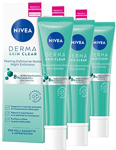 NIVEA Derma Skin Clear Peeling Esfoliante Notte Antibatterico Formula Vegana con Acido Salicilico Niacinamide Acido Glicolico ad Azione Purificante Rigenerante Anti-Imperfezioni - 3 Flaconi da 40ml