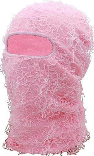 XYIYI Rosa Distressed Balaclava Ski Gesichtsmaske Vollgesicht Gestrickt Balaclava Winter Winddicht Halswärmer für Damen Herren