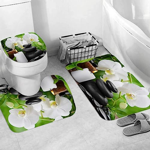 EKSED Badteppich 3 Stück Weiche saugfähige Badematten,Zen Basaltsteine und Orchidee auf dem Holz,rutschfeste Badematte Teppiche & Toilettendeckelabdeckung Set Waschbar