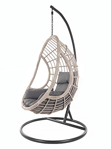 KIDEO Komplettset: großer Hängesessel mit Gestell & Kissen, Poly-Rattan, grau-beige (Kissen: dunkelgrau Nest (8999 Shadow))