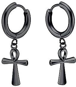 Stainless Steel Folding Hoop Earrings Ankh Cross Pendant Punk Earrings Women Men, Stainless Steel