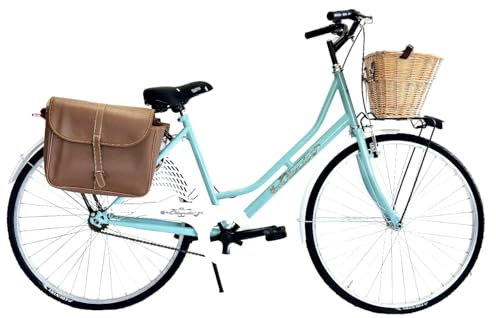 MADICKS Bicicletta Donna da Passeggio Olanda Misura 26 Bici da città Vintage retrò con Cestino Turchese (Cestino in Vimini e Borse)
