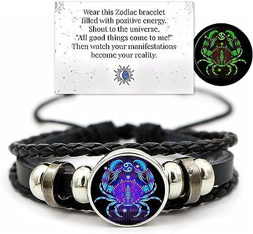 Ashopfun Zodiac Signs Spirit Bracelet,Handmade Woven Multilayer Adjustable 12 Constellation Zodiac PU Leather Bracelets Unisex,Glow in the Dark Zodiac Jewelry Gifts For Women Men (Cancer)