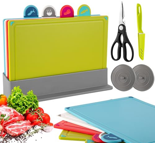 Chopping Board Set of 4, Plastic Index Cutting Board with Stand & Food Icons, Non Slip Color Coded Chopping Boards for Kitchen, Dishwasher Safe - Round Index Icon