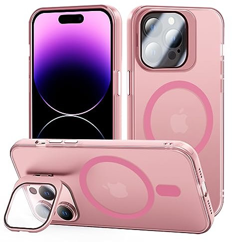Tigratigro Case with Kickstand, Compatible Mag-Safe with iPhone 15 Pro Max, H9 Tempered Glass Camera Protection, Frosted Translucent Back Cover, Anti-Fingerprint, Velvet Touch(Sakura Pink)