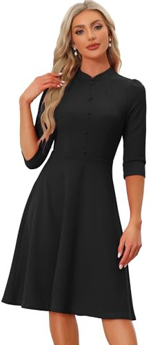Allegra K Sheath Dresses for Women's 3/4 Sleeves Stand Collar Elegant Business A-Line Dress Black S