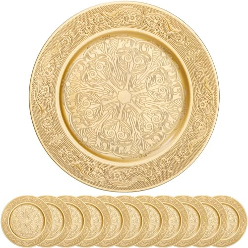 Cididu 12 Pack Gold Charger Plates, 13 Inch Gold Round Chargers for Dinner Plates, Decorative Dinner Chargers, Antique Plastic Table Chargers & Service Plates for Wedding Holiday Party