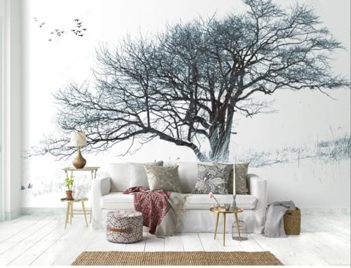 hity Papier Peint Panoramique Nature Paysage 430cmx300cm Tapisserie Murale 3D Noir Et Blanc Arbre De Vie Abstrait Enneigé Oiseaux Salon Chambre Adulte Enfant Zen Geant Mural