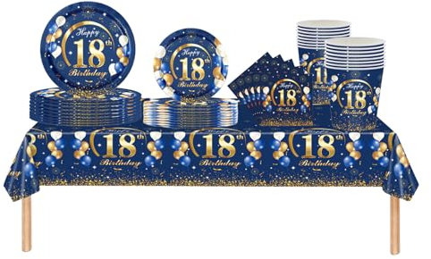 69pcs Navy Blue 18th Birthday Decorations - Happy 18th Birthday Tablecloth, Paper Plates, Napkins, Cups for Him, Her