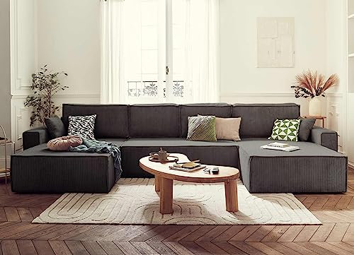 Bestmobilier Dellia – Wohnlandschaft U-Form – 7-Sitzer – mit Schlaffunktion – mit Bettkasten – aus Cord Dunkelgrau