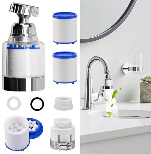 NAROSEBE 2 PCS Filtre à Eau du Robinet, Filtre à Robinet Rotatif à 360° Filtre Anti Calcaire Robinet Filtre De Robinet Filtre eau Robinet Avec 3 Eléments Filtrants en Coton PP pour Évier Cuisine