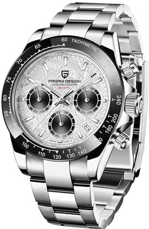 Pagani Design Daytona Hommage Herren Quarzuhr, Chronographen-Armbanduhr für Herren, VK63 Uhrwerk, Edelstahlband, PD1644 (Silberne Textur, Edelstahl)