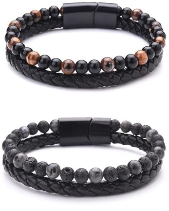 KHDULQ 2 Stücke Armband Herren,Natursteinperlen 8 mm und echtem Leder Achat Fossil HerrenVulkangestein Natürliches Lederarmband für Verstellbares für Herren und Damen,Handgefertigter Herrenschmuck