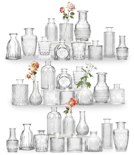 Sawoake Lot de Petits vases en Verre Transparent avec couvercles pour décoration de Table, Mariage, réception, Maison, Bouteilles Vintage (Transparent, 32)