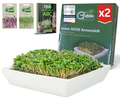 Green SEEDS® Kressesieb 2er Set [Das Original] | Edelstahlsieb mit hochwertiger Keramikschale nachhaltig verpackt | Anzuchtschale 14 x 14cm + Sprossen-ABC | Kresseschale Cress Keimschale