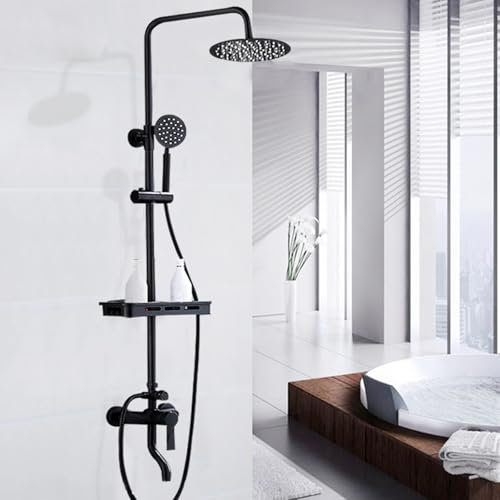Duschsystem Regendusche mit Handbrause Retro Hochwertig Schwarz Bad Duscharmatur mit Standregale, Handbrause Rain Shower Faucet, für Badezimmer Hause, Schwarz