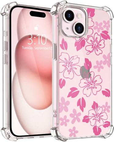 LuminousGuard Cute Pink Floral Phone Case for iPhone 13 Mini, Anti-Yellowing Clear Soft TPU Protective Cover with Shockproof Air-Guard Corners