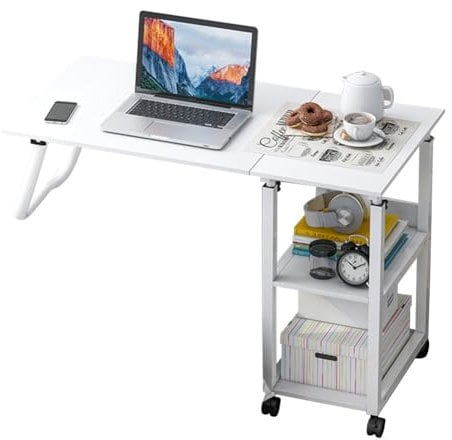 Warmiehomy Overbed Table with Lockable Wheels & Liftable Top,Movable Foldable Bed Table Adjustable Height 70~88cm,Bedside Desk for Working Reading Eating Bedroom Sofa(White)