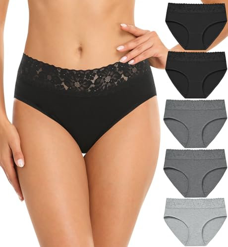 Wealurre Damen Unterhosen Spitze Slip Baumwolle Hipster Damen Höschen Unterwäsche Frauen im 5er Pack (6004 BK/GY,L)