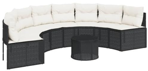 vidaXL Gartensofa mit Tisch und Kissen Halbrund Schwarz Poly-Rattan, Terrassensofa, Loungesofa, Loungemöbel, Outdoor Sofa, Lounge Set, halbrundes Sofa