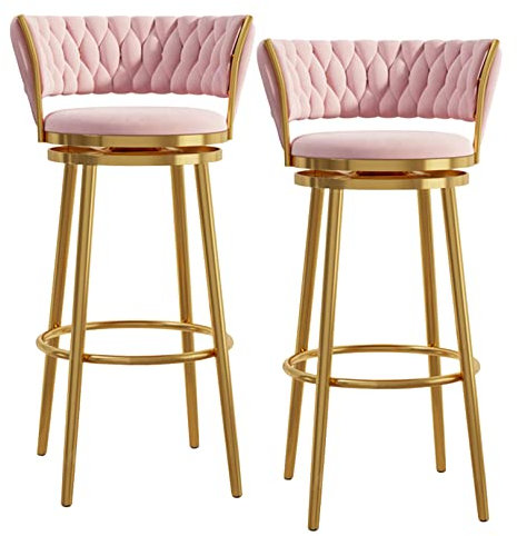Taburetes de bar tapizados en color rosa de 25.6 pulgadas con 360° y base cromada dorada, juego de 2 muebles modernos de cocina y comedor