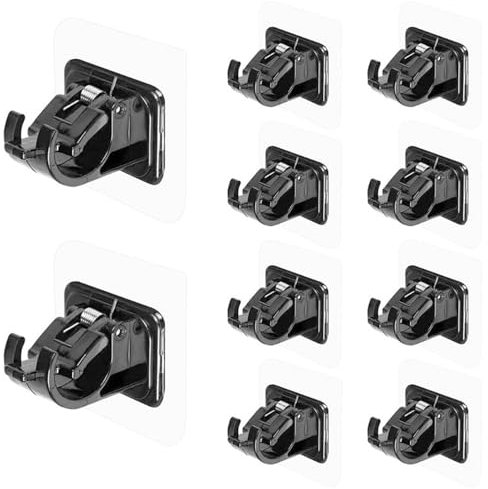 Puedno Adhesive Curtain Rod Holder, 10PCS Curtain Rod Hooks Self Adhesive Black No Drill Curtain Poles Brackets Adjustable Curtain Pole Brackets for Kitchen Bedroom Bathroom
