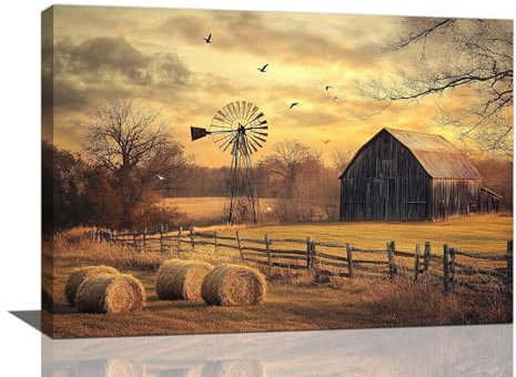 Bauernhaus-Wandkunst, rustikale alte Scheune, Windmühle, Bilder, Dekor, Landes-Sonnenuntergang, Leinwanddrucke, Gemälde, modernes gerahmtes Kunstwerk für Zuhause, Badezimmer, Schlafzimmer, Wohnzimmer,