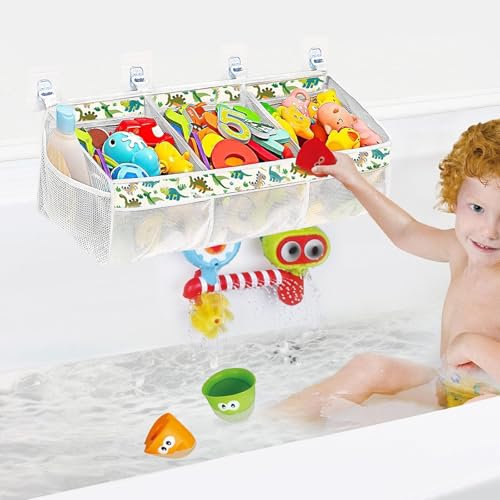 LCUHAVA Bath Toy Storage Net Dinosaur Style Bathroom Toy Storage 3 Pocket Mesh Pocket With two Side Pockets 4 Strong Suction Hooks, Ideal for Bath Access and Sorting